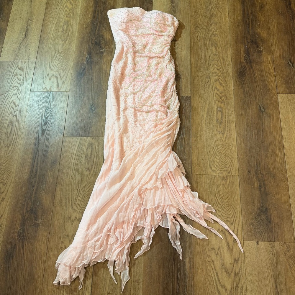 Vintage 100% Silk Beaded Dress Vintage Beaded Dress Pink Strapless Prom Fairy - Picture 6 of 17